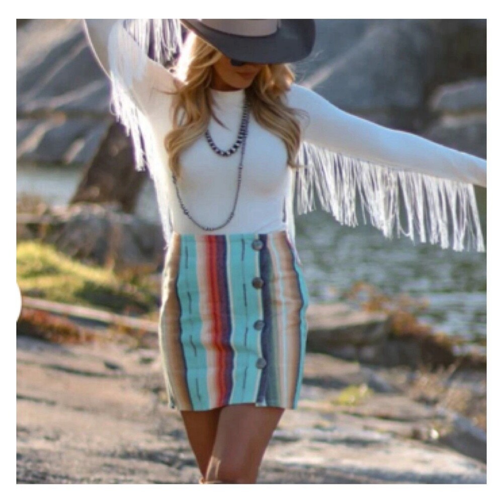 MINTY! RHONDA STARK USA Medium Women Southwestern Multi-Color Denim Button Skirt